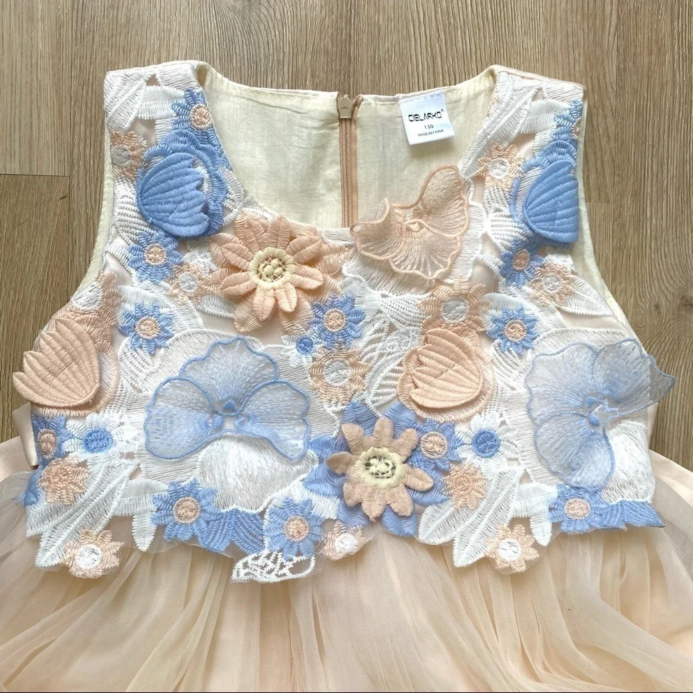 Cielarko Peach & Blue Butterfly Flower Tulle Dress, Satin Top, Size 130 (6/7 Y)